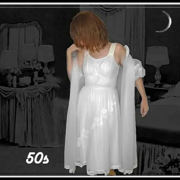 Shadowline Other - Vintage Nylon Chiffon Peignoir Set White 50s Retro Bridal Robe & Nightgown VFG